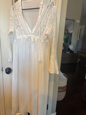 White Lace Boho Maxi Dress with Tassel Tie